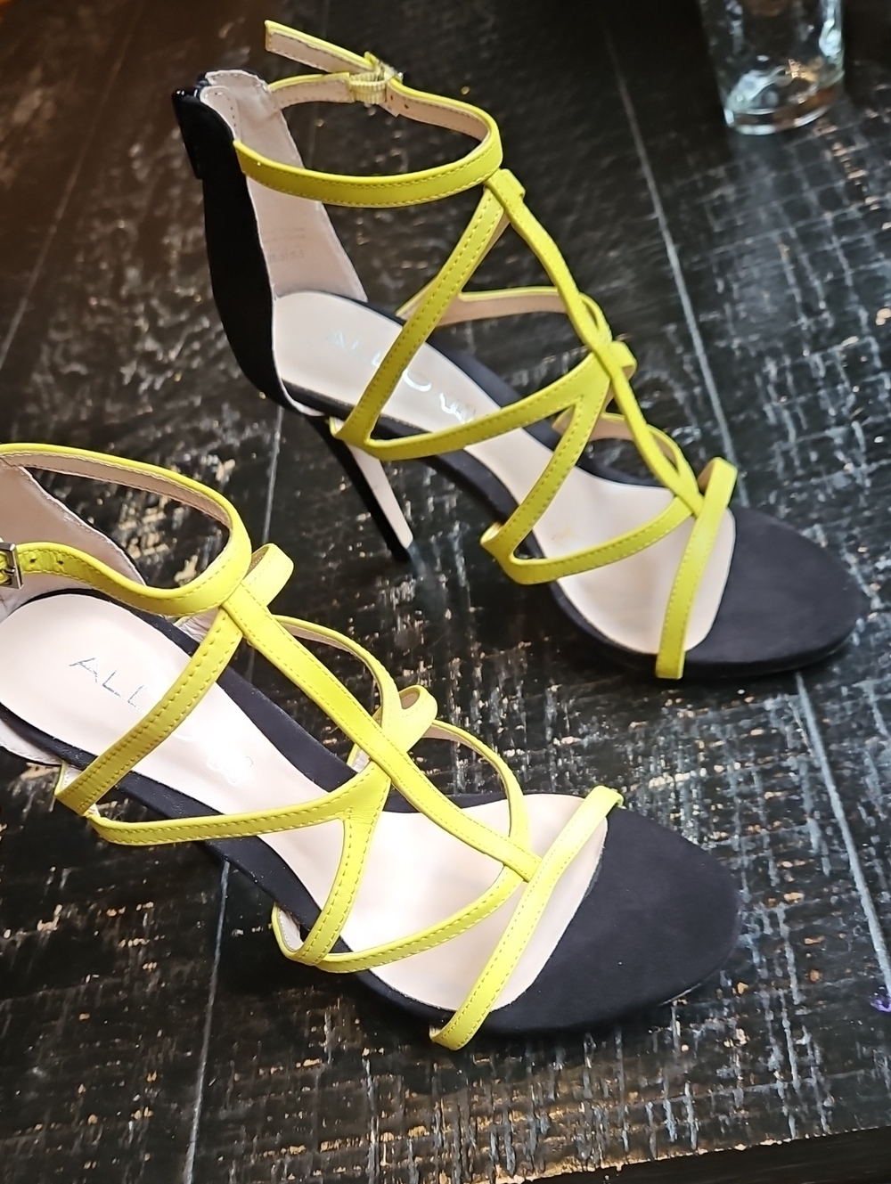 Aldo Neon Yellow Strappy High Heel Sandals with Black Accents